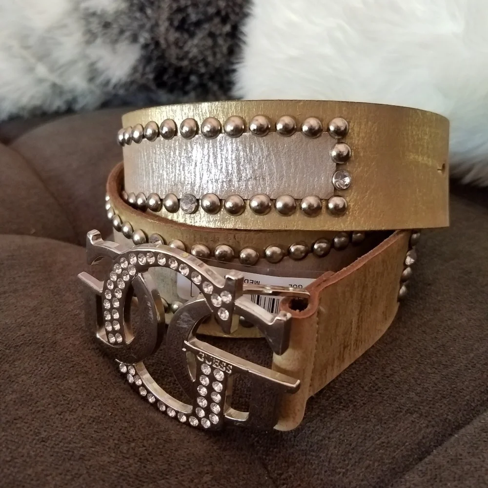 Guess Genuine Leather Gold & Silver Metallic Studded belt with Silver Buckle NEW